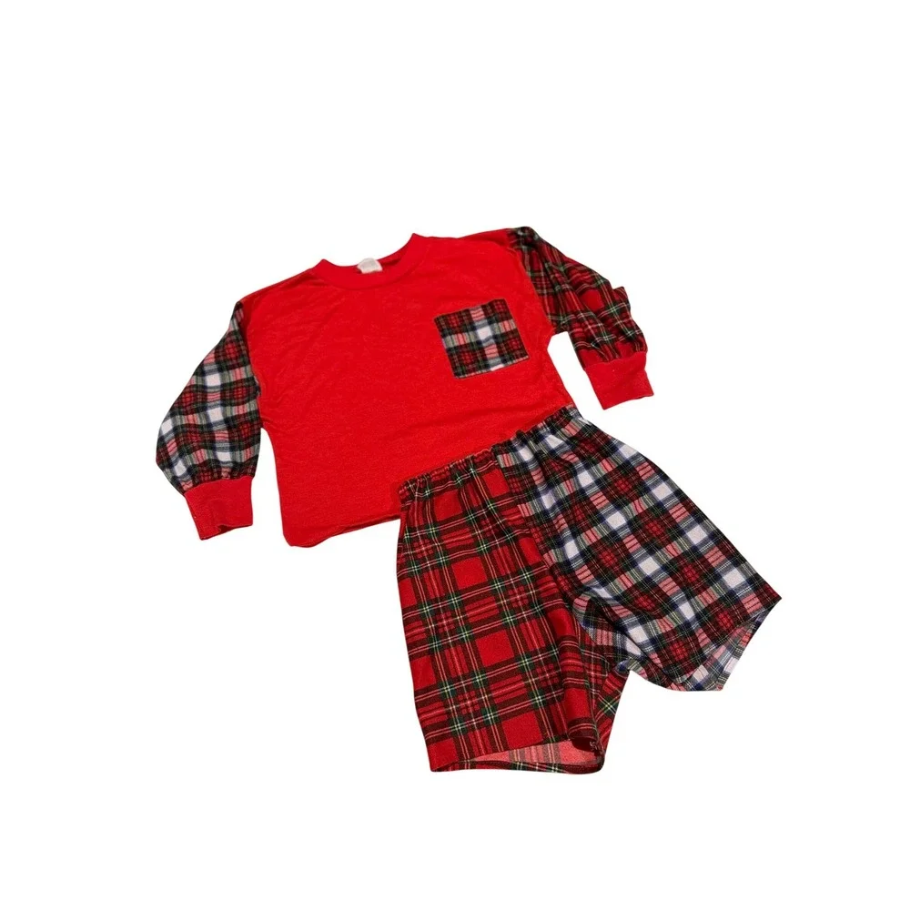Vintage Kid Duds Kids Red‎ Plaid Pajama Set Size 6 Long Sleeve Shirt Shorts USA